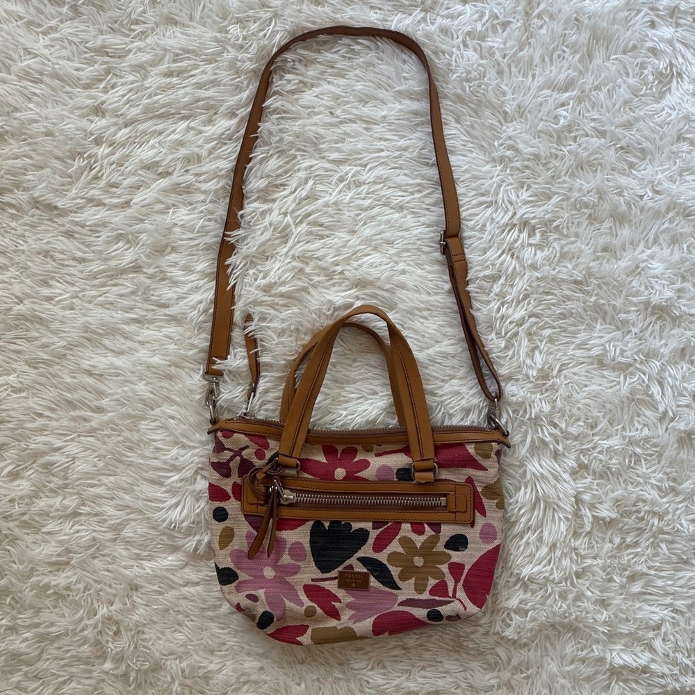 Y2K Fossil Canvas Floral Print Crossbody Bag Tan Leather Trim Pink Red Satchel